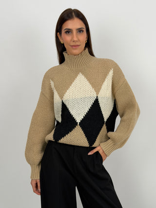 Maglione a Rombi a Collo Alto Beige