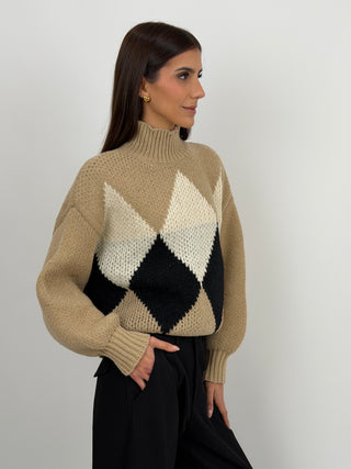 Maglione a Rombi a Collo Alto Beige
