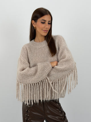 Maglione in Mohair con Frange Beige