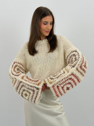 Maglione con Maniche Ricamate Burro