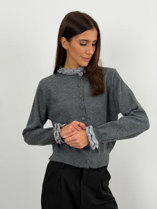 Cardigan con Bordi Arricciati Grigio