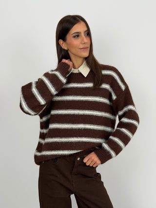 Maglione Over a Righe Marrone