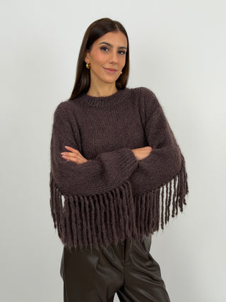 Maglione in Mohair con Frange Marrone
