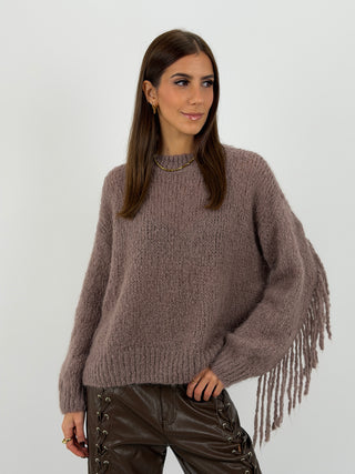 Maglione in Mohair con Frange Mocha Mousse