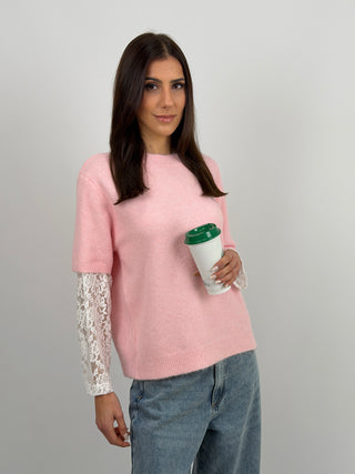 Pullover Rosa con Maniche in Pizzo