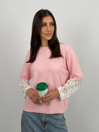 Pullover Rosa con Maniche in Pizzo