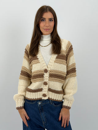 Cardigan Lavorato a Righe Beige e Marrone