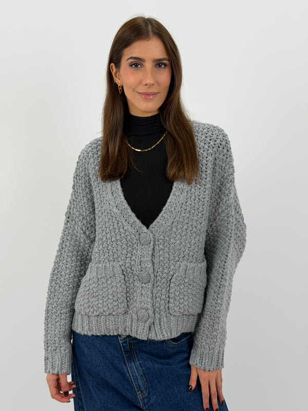 Cardigan Lavorato con Tasche Grigio