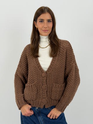 Cardigan Lavorato con Tasche Marrone