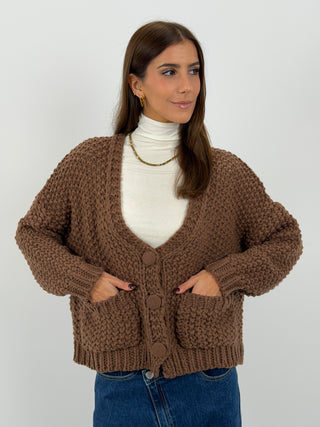 Cardigan Lavorato con Tasche Marrone