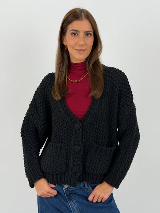 Cardigan Lavorato con Tasche Nero