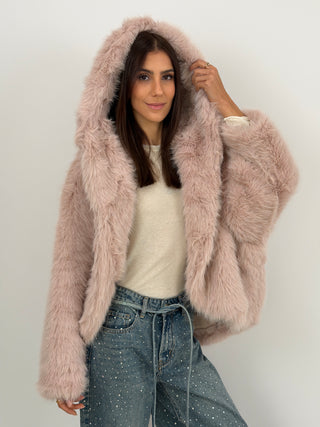 Pelliccia Ampia con Cappuccio Chamonix Rosa Pastello