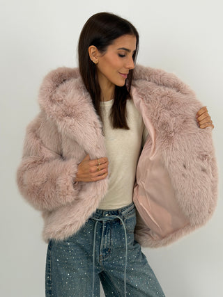 Pelliccia Ampia con Cappuccio Chamonix Rosa Pastello