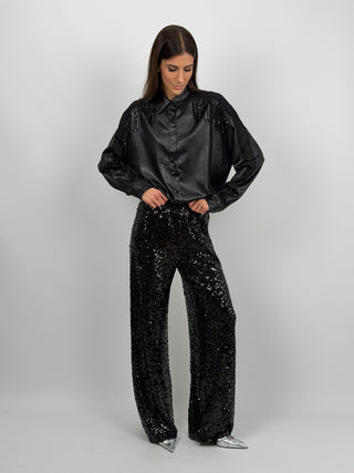 Pantalone a Palazzo con Paillettes Nero