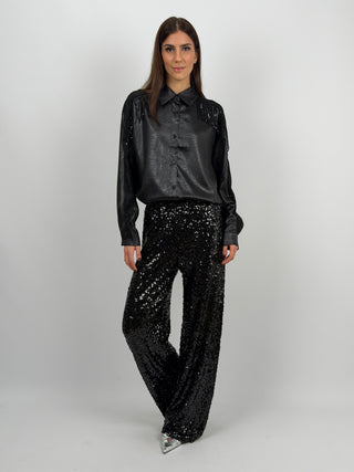 Pantalone a Palazzo con Paillettes Nero