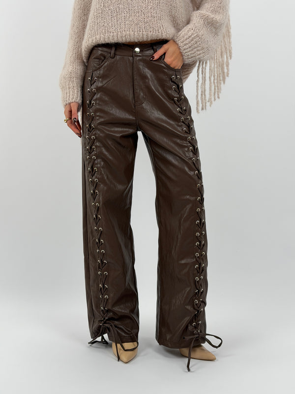 Pantalone Wide Leg con Lacci Marrone