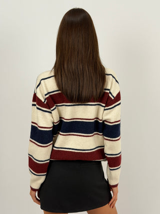 Maglione a Righe Crema e Bordeaux con Colletto