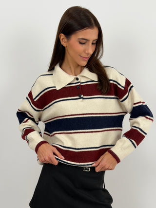 Maglione a Righe Crema e Bordeaux con Colletto