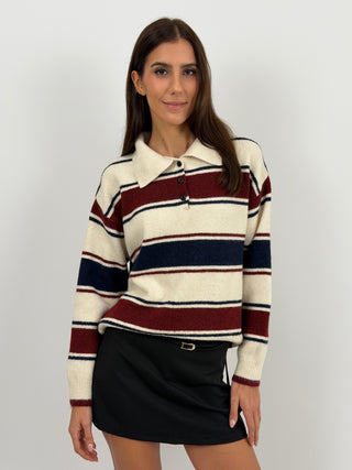 Maglione a Righe Crema e Bordeaux con Colletto