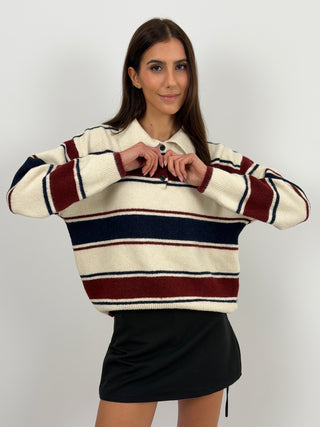 Maglione a Righe Crema e Bordeaux con Colletto