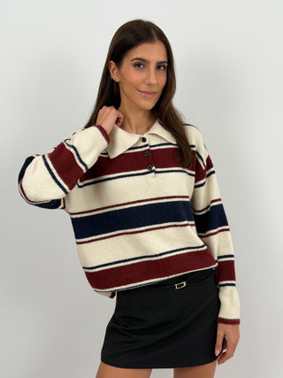 Maglione a Righe Crema e Bordeaux con Colletto