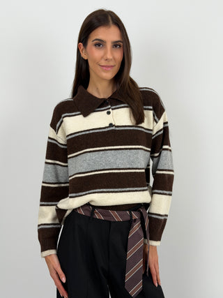 Maglione a Righe Crema e Marrone con Colletto