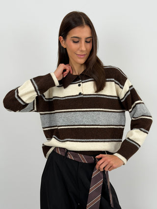 Maglione a Righe Crema e Marrone con Colletto