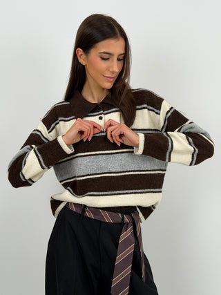 Maglione a Righe Crema e Marrone con Colletto