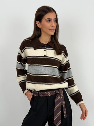 Maglione a Righe Crema e Marrone con Colletto