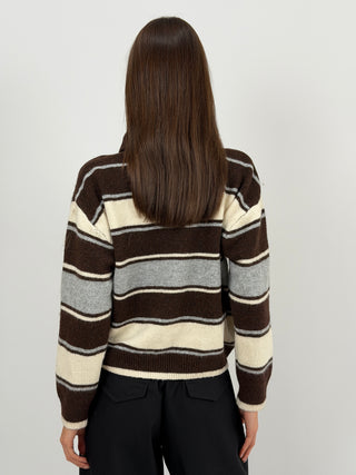Maglione a Righe Crema e Marrone con Colletto