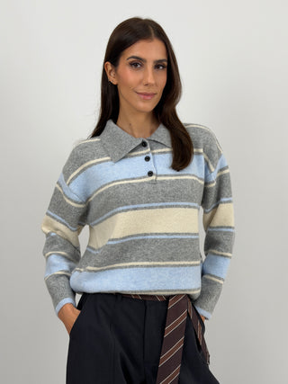 Maglione a Righe Grigio e Azzurro con Colletto