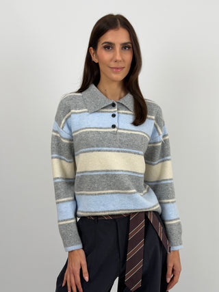 Maglione a Righe Grigio e Azzurro con Colletto