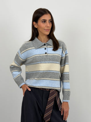 Maglione a Righe Grigio e Azzurro con Colletto