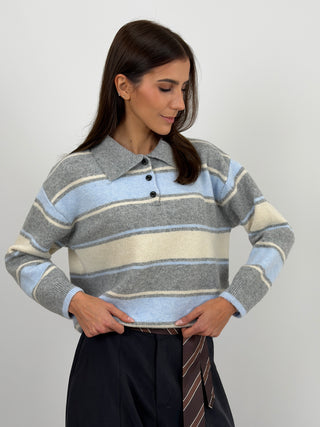 Maglione a Righe Grigio e Azzurro con Colletto