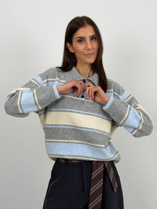 Maglione a Righe Grigio e Azzurro con Colletto
