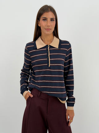 Maglia con Colletto a Righe Blu Lumina - Polo in maglia blu a maniche lunghe, colletto doppio a contrasto, motivo a righe e bottoni frontali. | Paloma Store