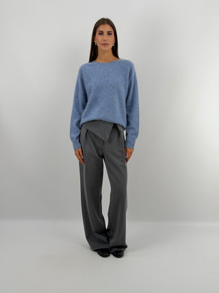 Pullover Girocollo in Lana e Cashmere Azzurro Polvere