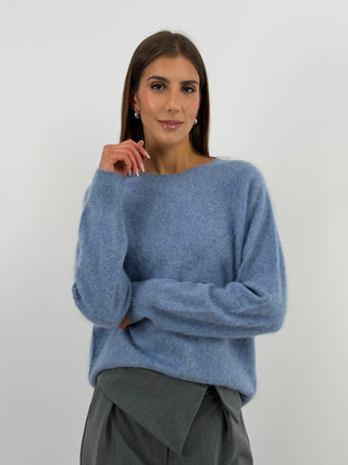 Pullover Girocollo in Lana e Cashmere Azzurro Polvere
