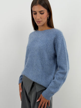 Pullover Girocollo in Lana e Cashmere Azzurro Polvere