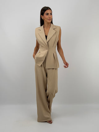 Completo Gessato con Gilet Beige