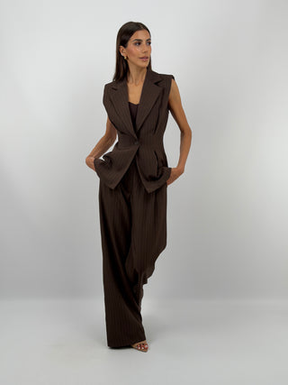 Completo Gessato con Gilet Marrone