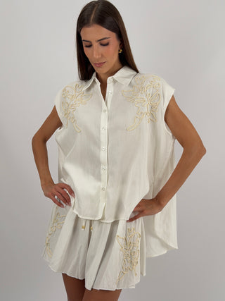 Set Camicia e Shorts con Ricamo Panna