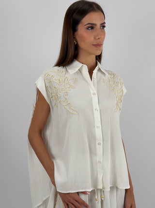 Set Camicia e Shorts con Ricamo Panna