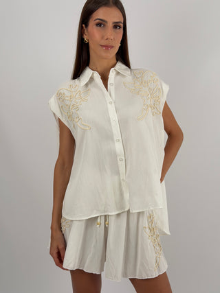 Set Camicia e Shorts con Ricamo Panna