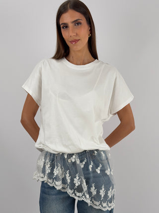 T-shirt Balloon con Pizzo Bianca Lumina - T-shirt bianca Lumina a girocollo, a palloncino, con inserto asimmetrico in pizzo sul fondo | Paloma Store