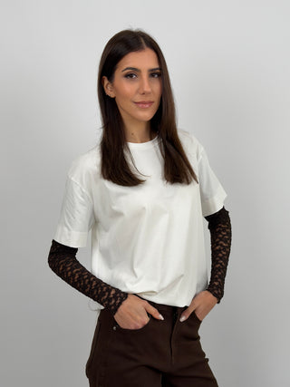 T-Shirt Bianca con Maniche in Pizzo Marrone