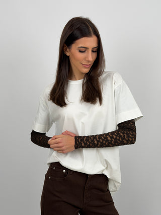 T-Shirt Bianca con Maniche in Pizzo Marrone