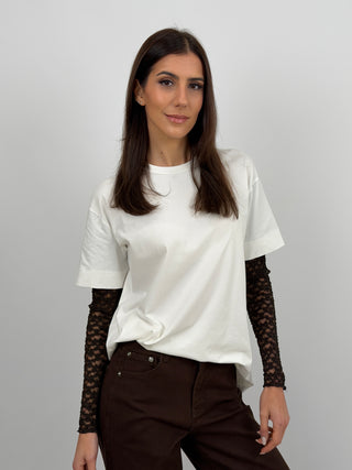T-Shirt Bianca con Maniche in Pizzo Marrone