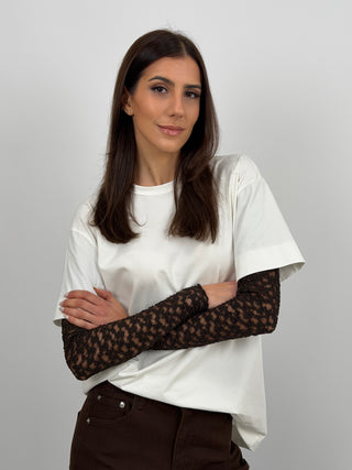 T-Shirt Bianca con Maniche in Pizzo Marrone