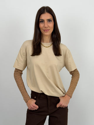 T-Shirt Caramello con Maniche in Pizzo Caramello